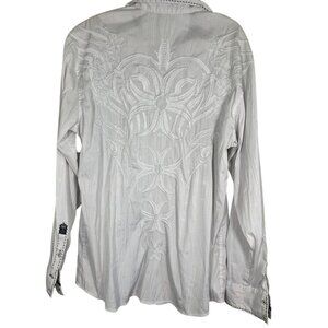 Retro Floral Embroidery Striped Western Snap Shirt L White Rodeo Country Cowboy